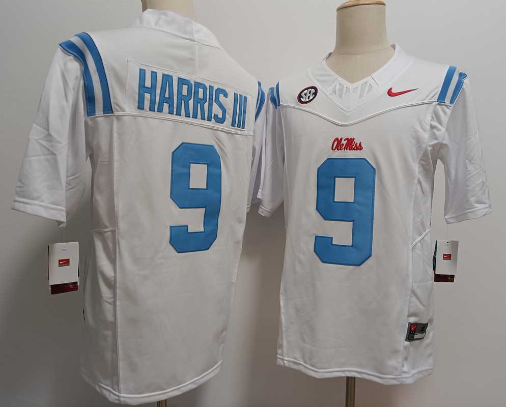 Men%27s Ole Miss Rebels #9 Tre Harris III White FUSE College Stitched Jersey